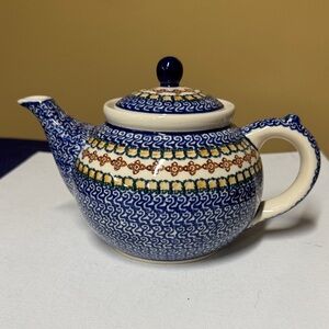 Polish Pottery Teapot Blue Scroll Pattern with Green Brown Yellow Band Poland